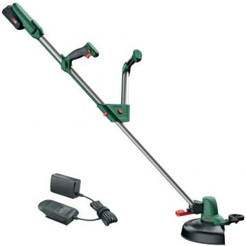 Trimmer pentru tuns gazon/iarba Bosch Universal GrassCut, 18 V, Diametru taiere 26 cm, Maner telescopic 120 - 140 cm, Acumulator 18 V 2.0 Ah + incarcator (Negru/Verde)