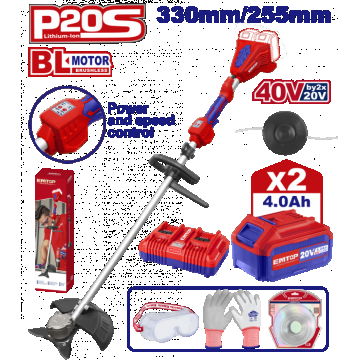 Motocoasa electrica Trimmer cu fir cu 2 acumulatori 4.0Ah, motor fara perii (brushless), 330mm 255mm, accesorii incluse - ELMR200285, EMTOP