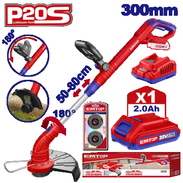 Motocoasa Trimmer cu 1 acumulator 2.0Ah, maner reglabil, 300mm - ELGT203011, EMTOP