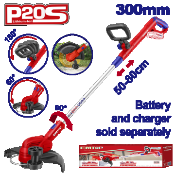 Motocoasa Trimmer fara acumulator si incarcator, maner reglabil, 300mm - ELGT20328, EMTOP